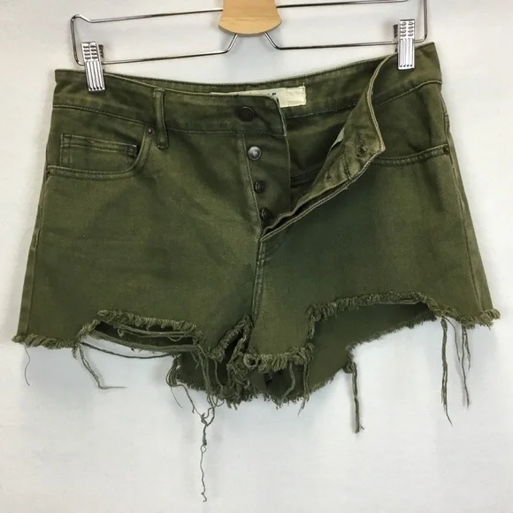 Brandy Melville Olive Green Denim Button Fly Cutoff Short - Picture 3 of 12